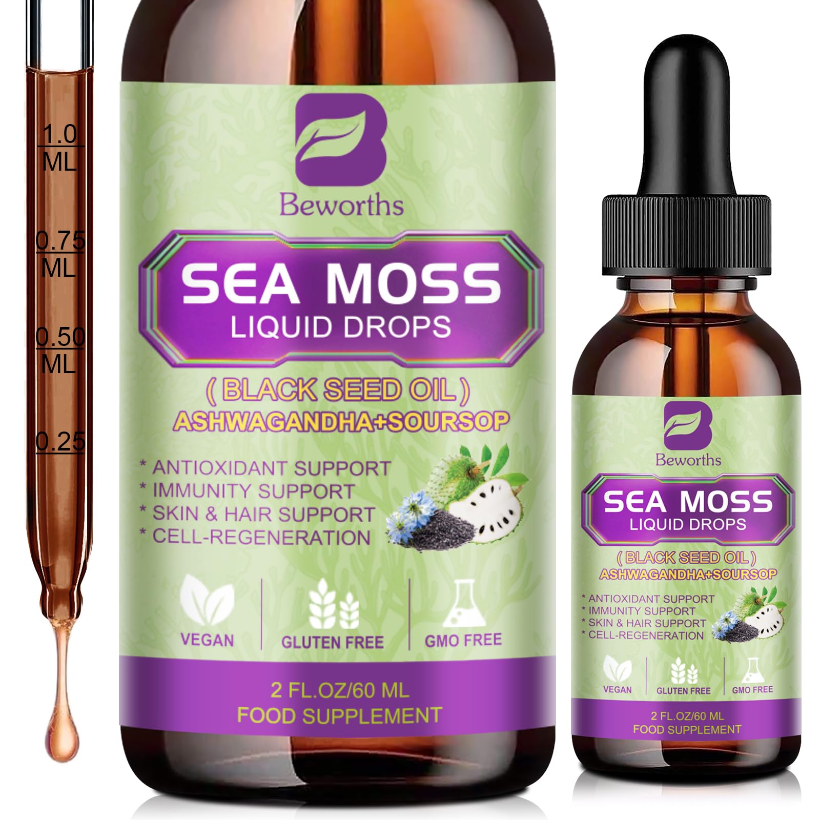 Sea Moss Liquid Drops bottle with black seed oil and herbs