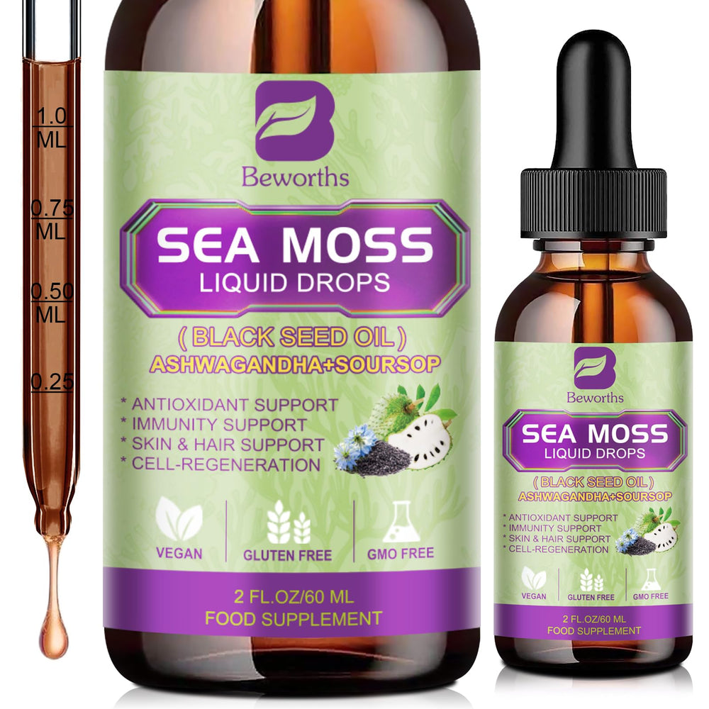 Sea Moss Liquid Drops bottle with black seed oil and herbs
