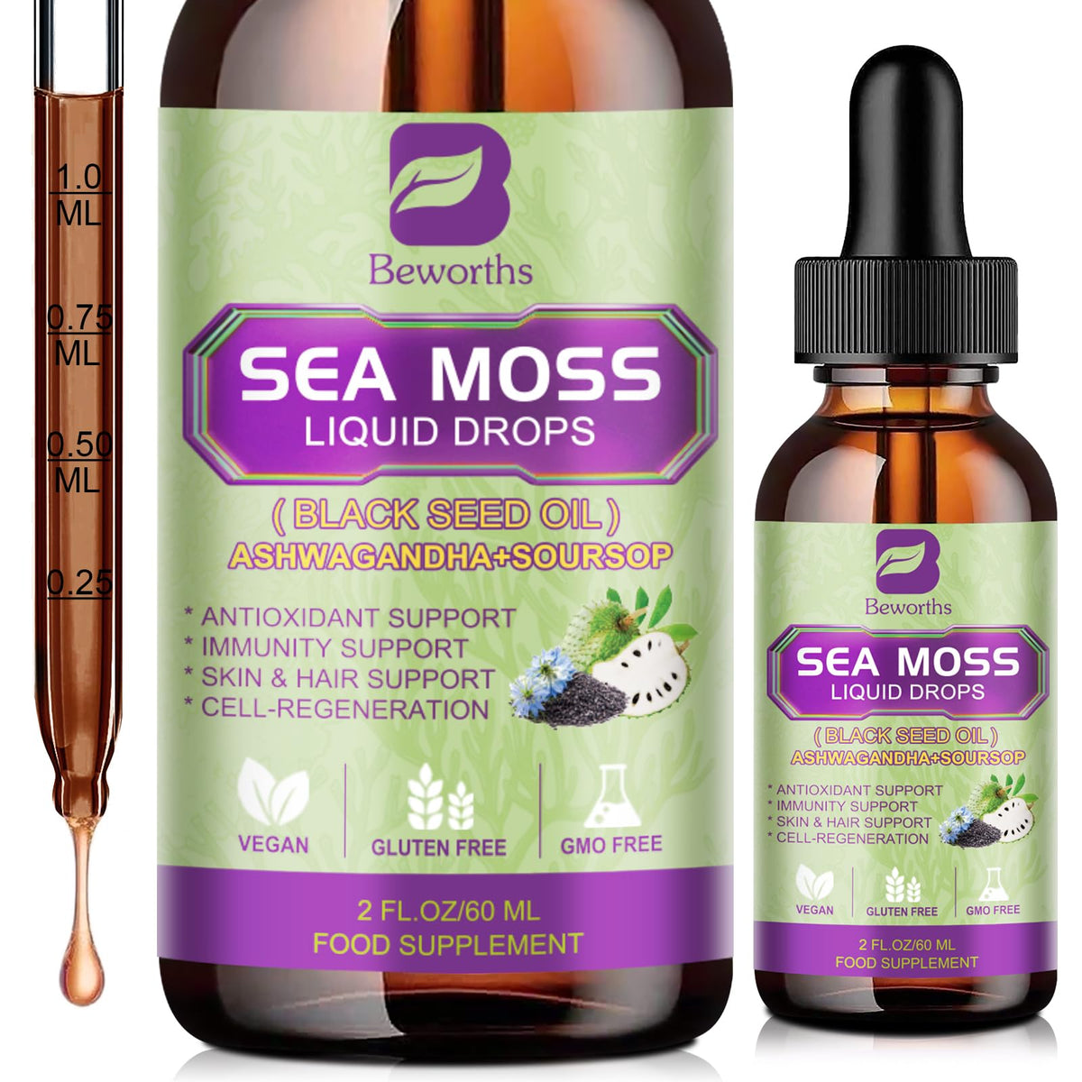 Sea Moss Liquid Drops bottle with black seed oil and herbs