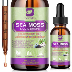 Sea Moss Liquid Drops bottle with black seed oil and herbs