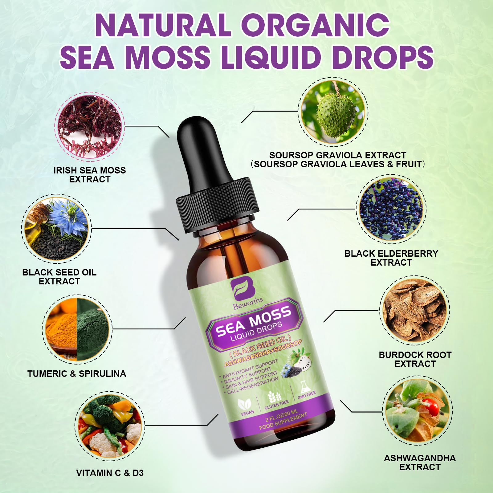 Ingredients layout showing Irish sea moss, black seed oil, soursop and ashwagandha
