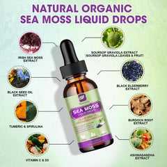 Ingredients layout showing Irish sea moss, black seed oil, soursop and ashwagandha