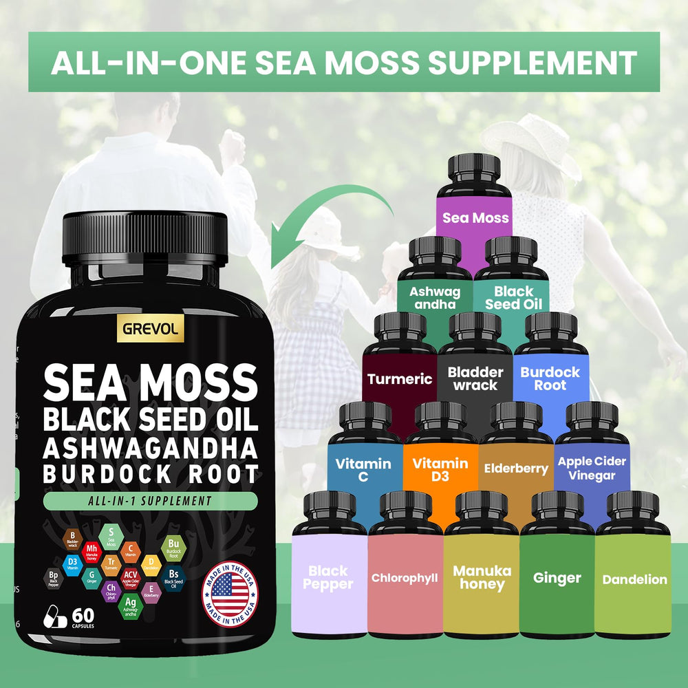 Close-up of sea moss capsules with black seed oil and herbs