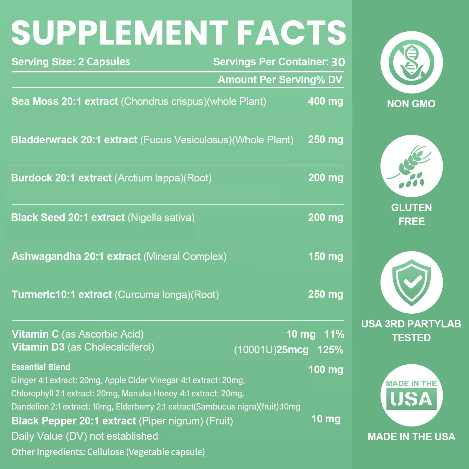 Lifestyle shot showing Sea Moss Multimineral Supplement bottle with glass of water