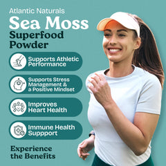 Close-up of Sea Moss Powder jar showing ingredients: ashwagandha, beet root, maca, vanilla