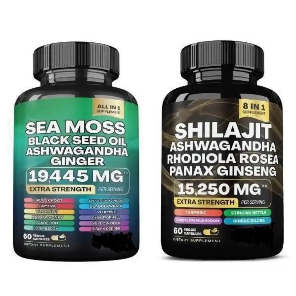 Shilajit bottle and Sea Moss bottle