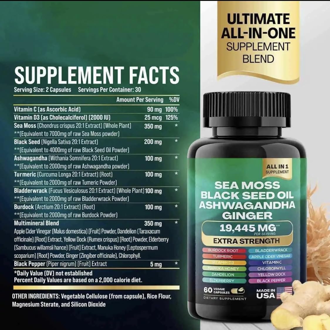 Rhodiola Rosea, Panax Ginseng and Ginger ingredients