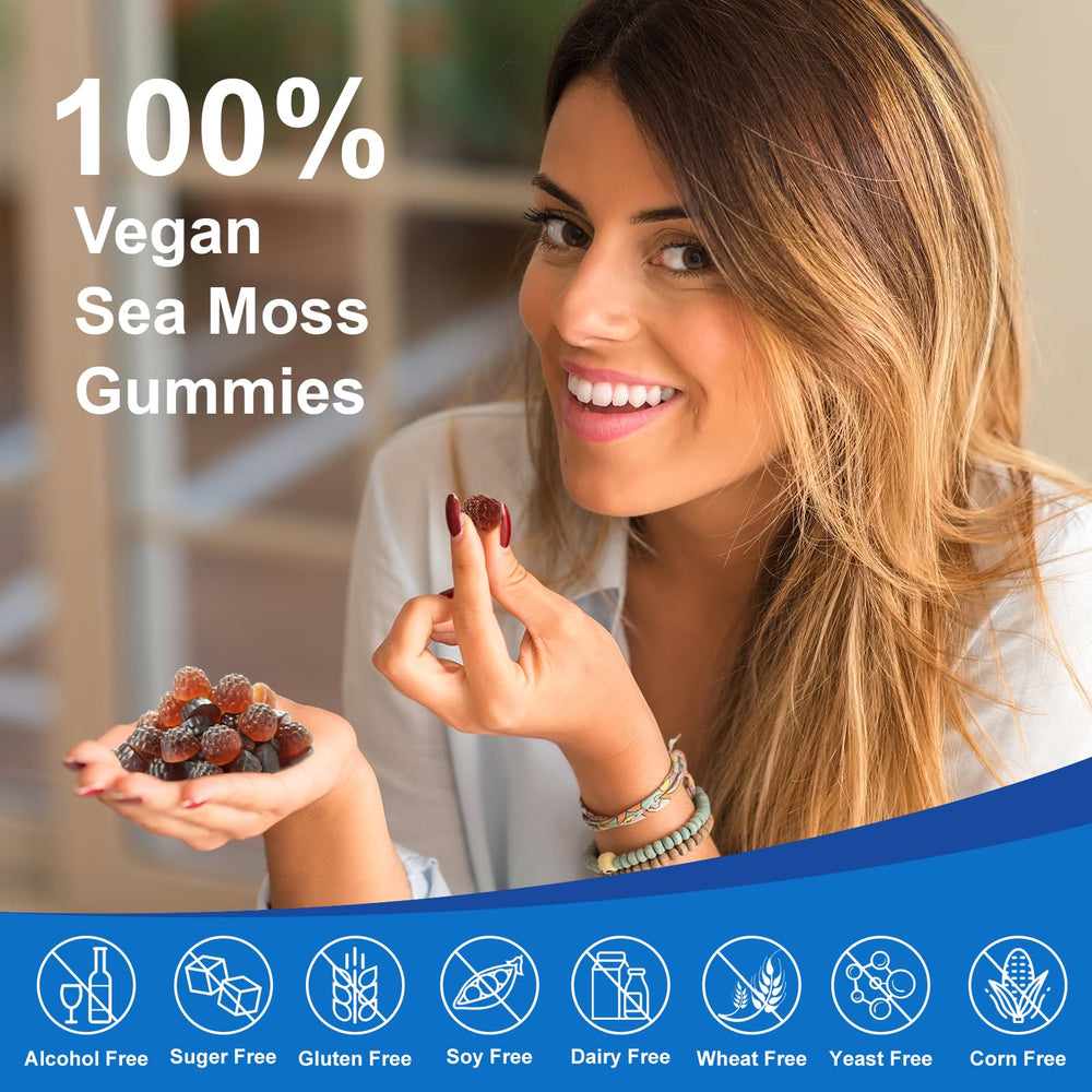 Sea moss gummies ingredients collage: Irish sea moss, black seed oil, ashwagandha