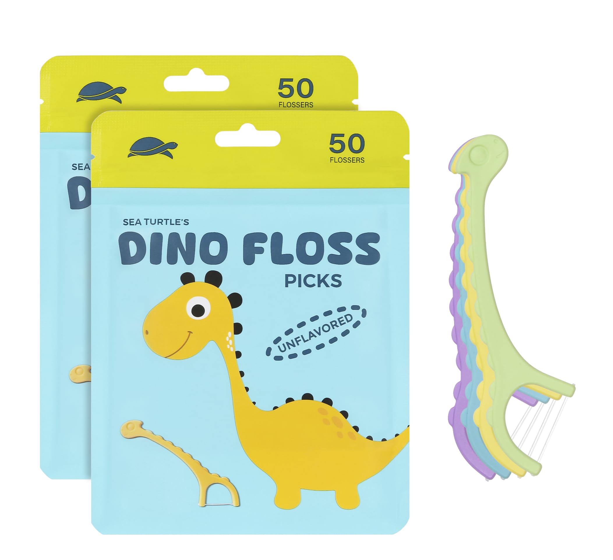Front of Sea Turtle Kids Dino Floss Picks package showing colorful floss picks