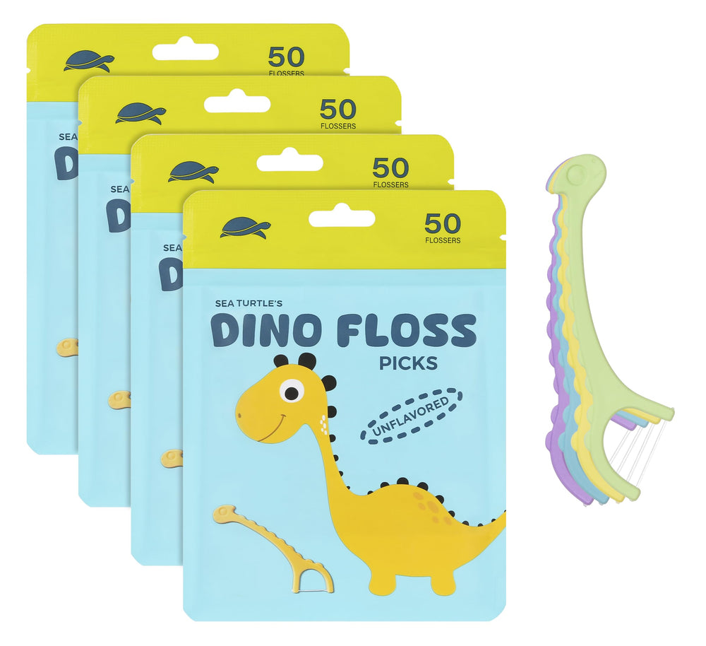 Sea Turtle Kids Dino Floss Picks with corn starch handle in four colors