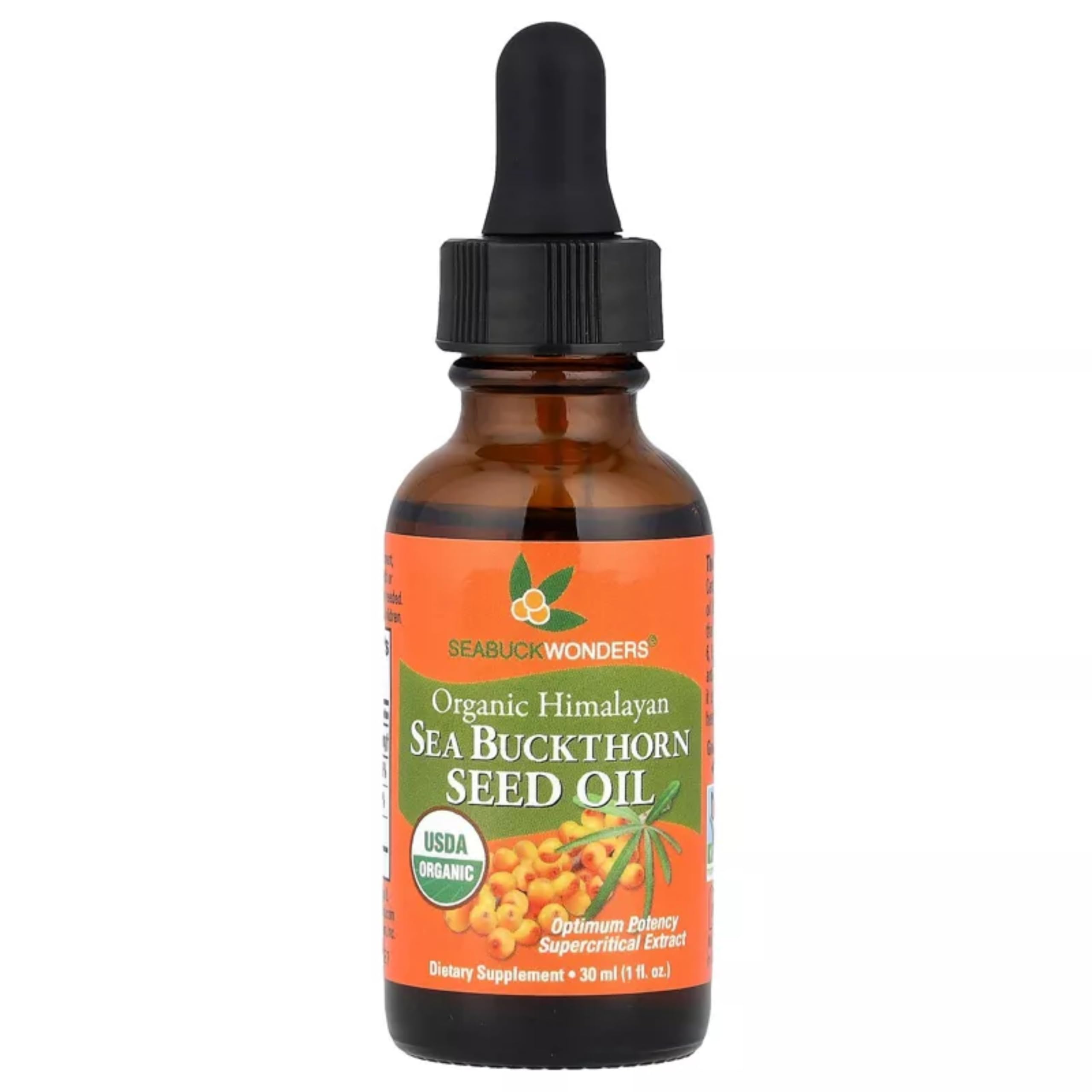 SeabuckWonders Sea Buckthorn Seed Oil bottle labeled 1 oz