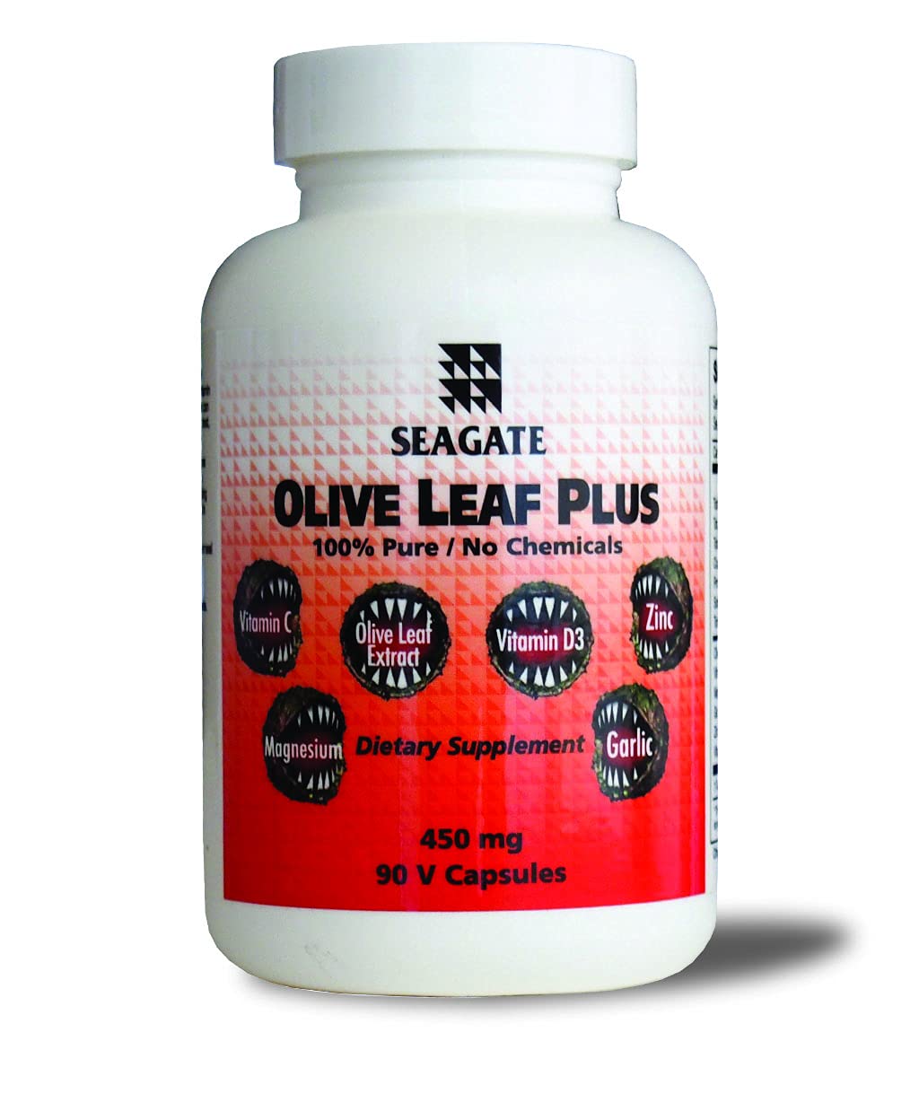 Close-up of Seagate Olive Leaf Plus 450mg 90 V-Caps bottle and label