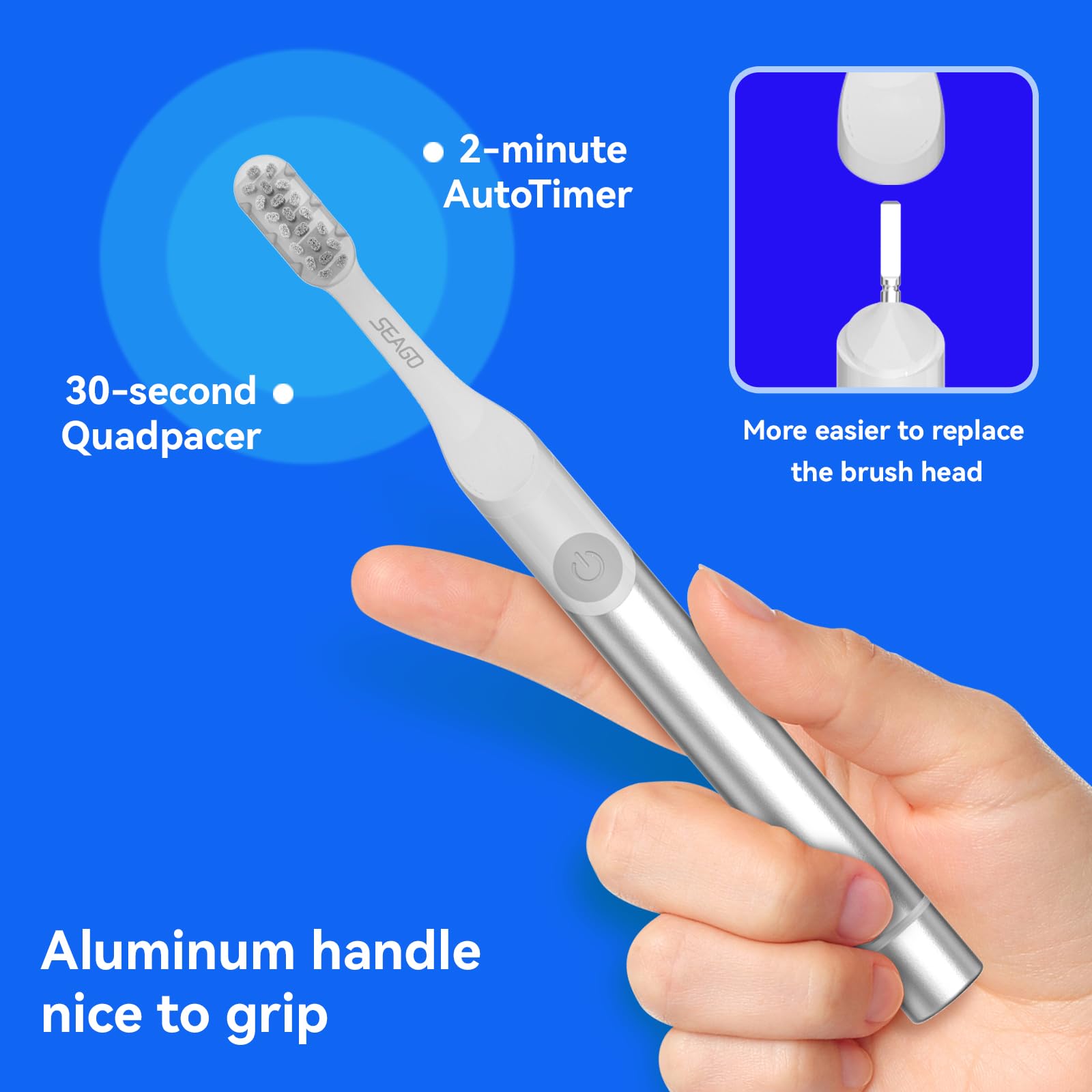 Eight soft bristle replacement brush heads included