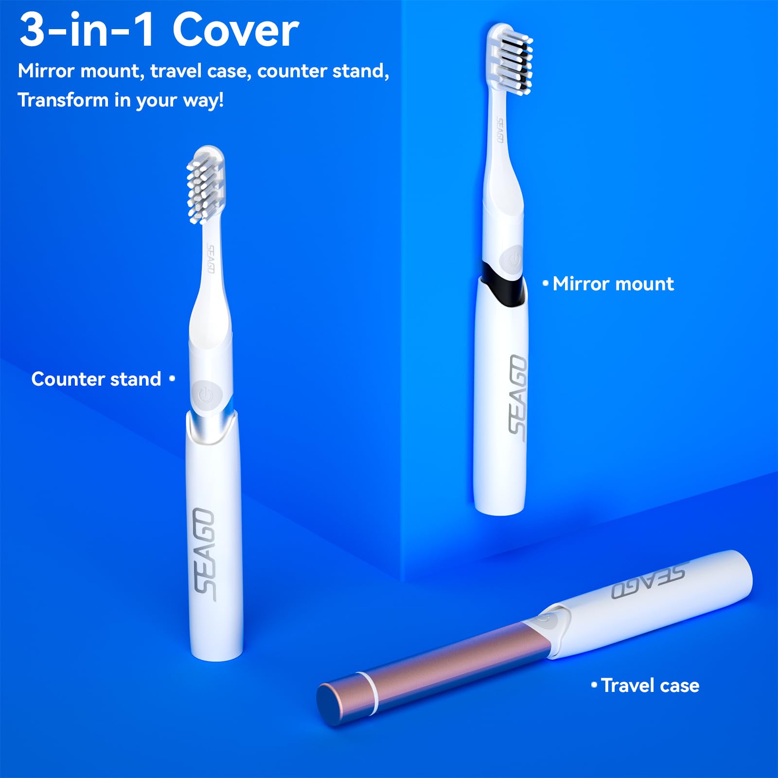 Close-up of SEAGO electric toothbrush with mirror mount and 3-in-1 holder