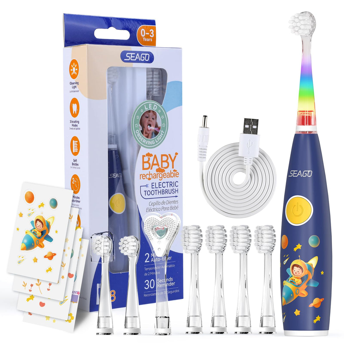SEAGO Kids Electric Toothbrush blue with LED light and smart timer