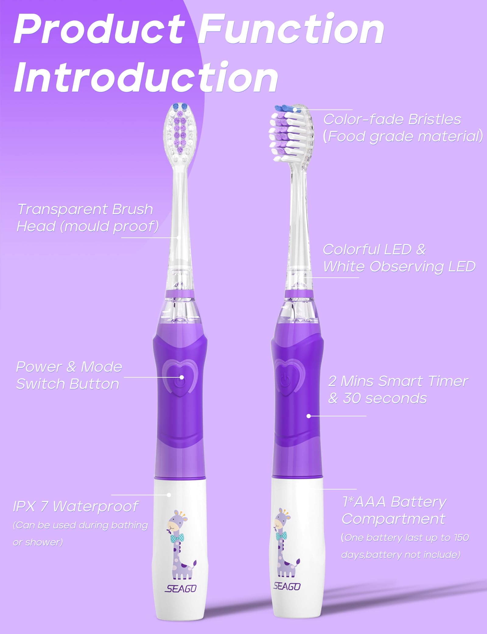 Instruction manual included with SEAGO Kids Toothbrush Blue