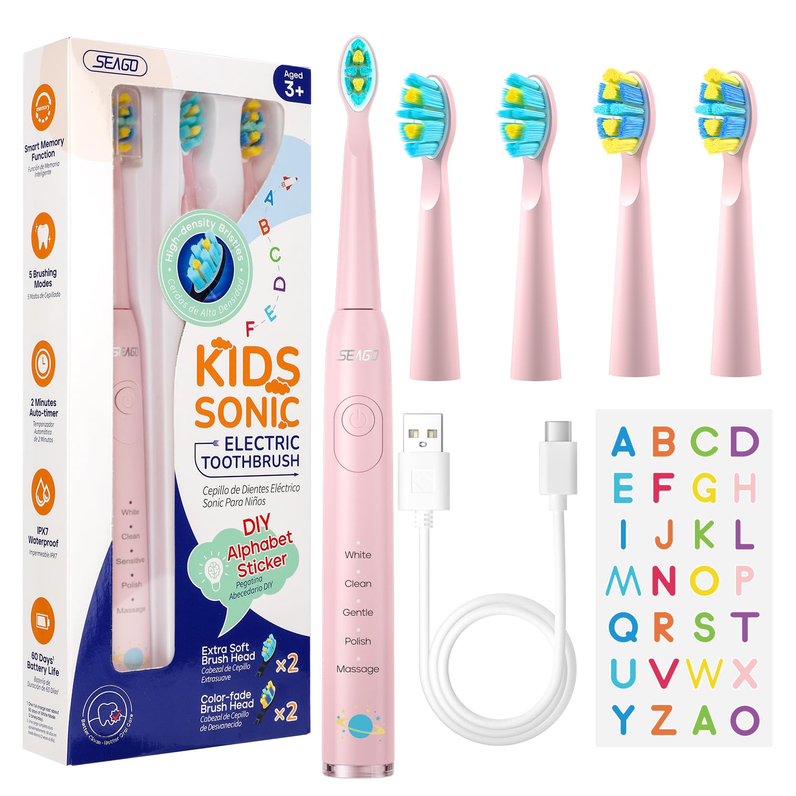 SEAGO Kids Electric Toothbrush pink in box packaging
