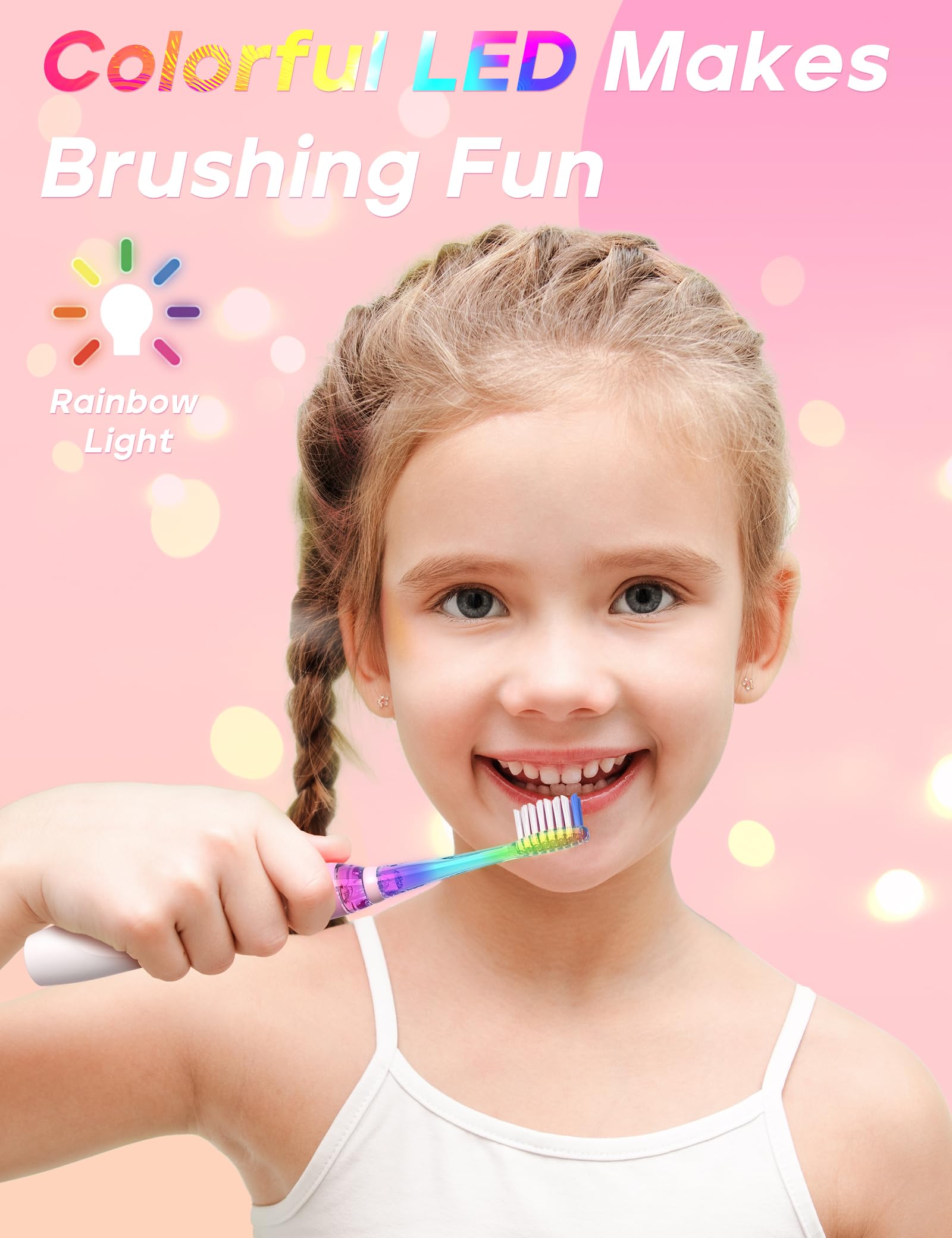 Front view of SEAGO Kids Electric Toothbrush showing pink handle and timer