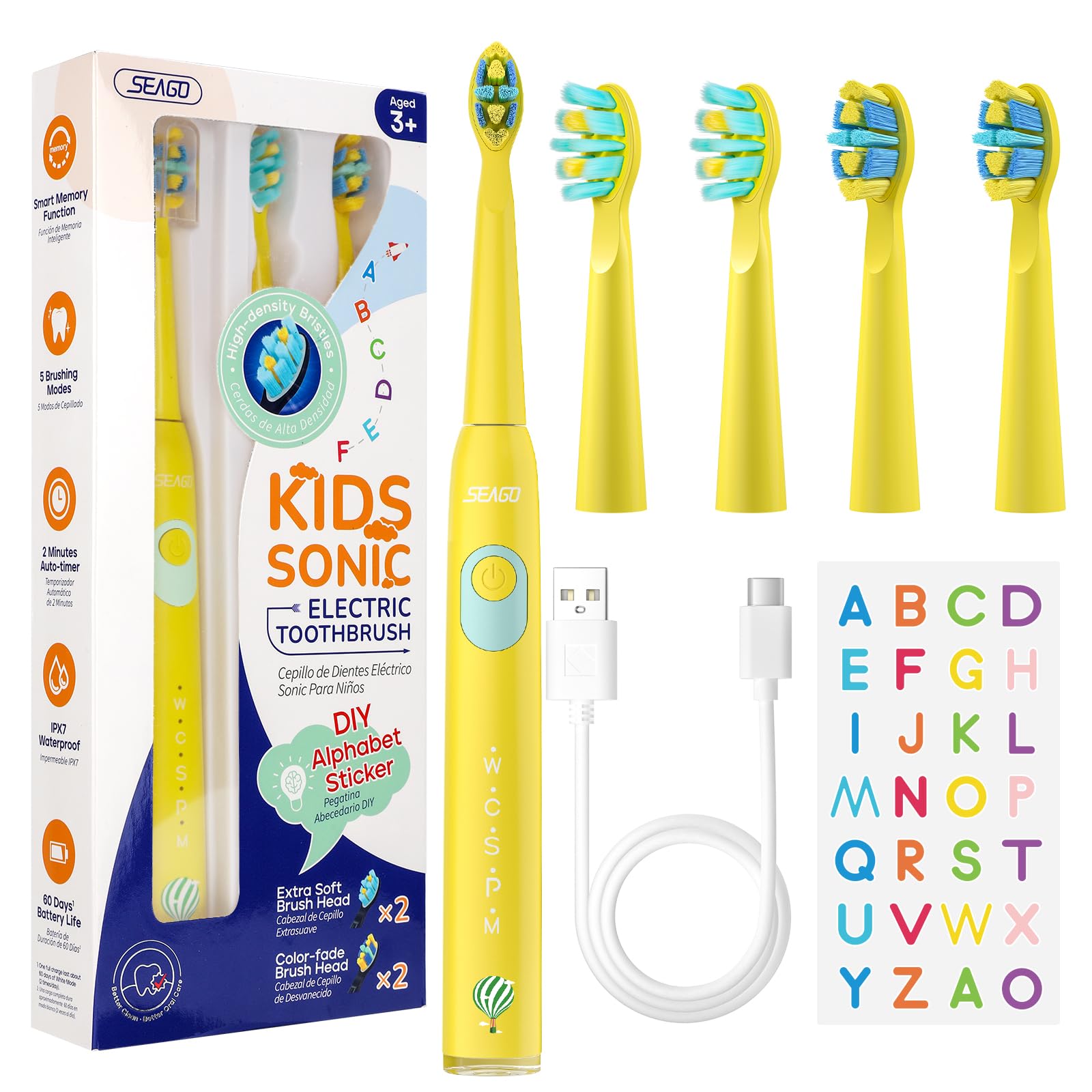 What you get: toothbrush, alphabet stickers, brush heads, bristle cover, manual, charger
