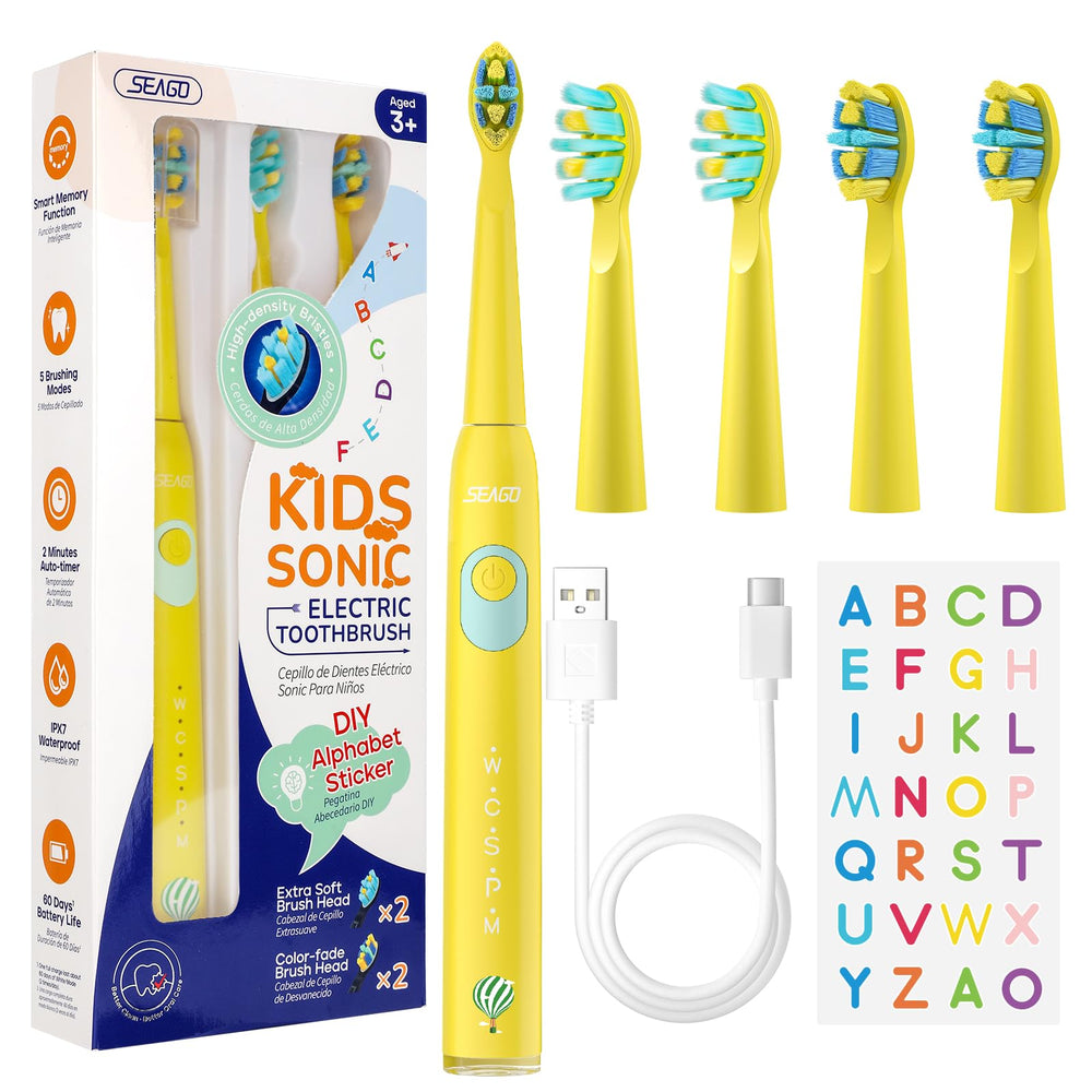 What you get: toothbrush, alphabet stickers, brush heads, bristle cover, manual, charger