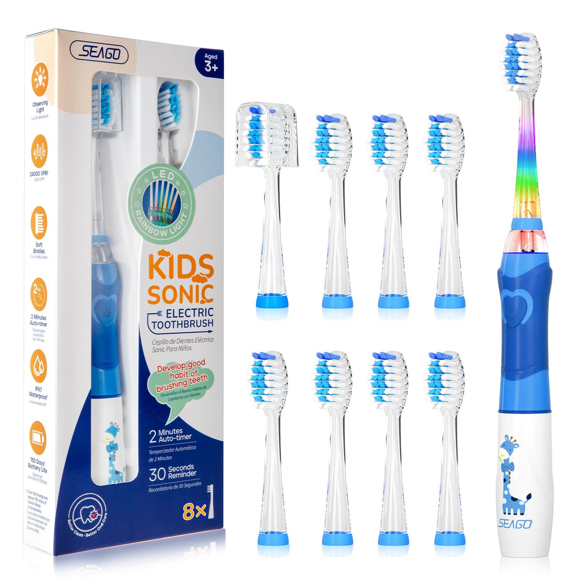 Front view of SEAGO Kids Electric Toothbrush Blue