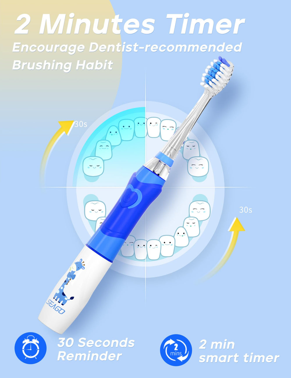 Close-up of rainbow LED light on SEAGO kids toothbrush