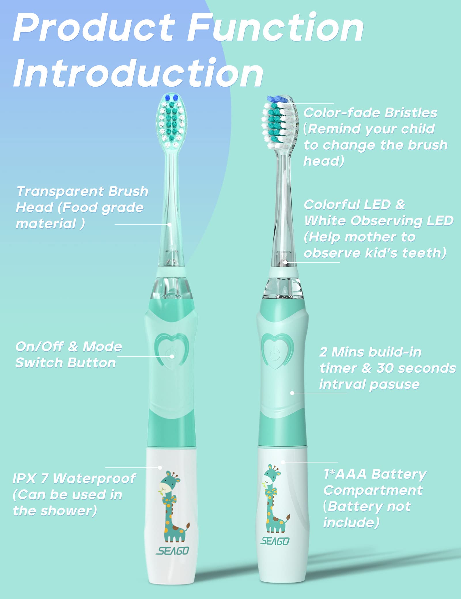 Blue SEAGO kids toothbrush packaging and accessories