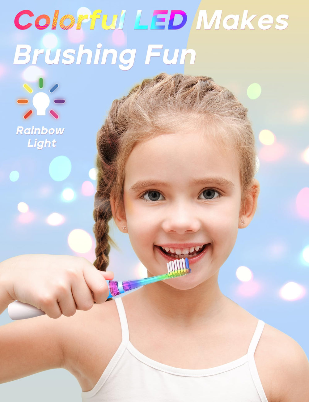 Blue SEAGO kids toothbrush side view with rainbow LED