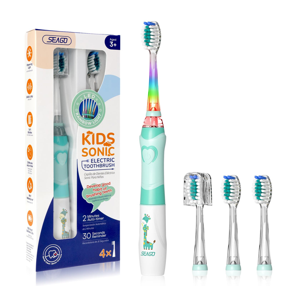 Front view of SEAGO SG-977 kids electric toothbrush in green