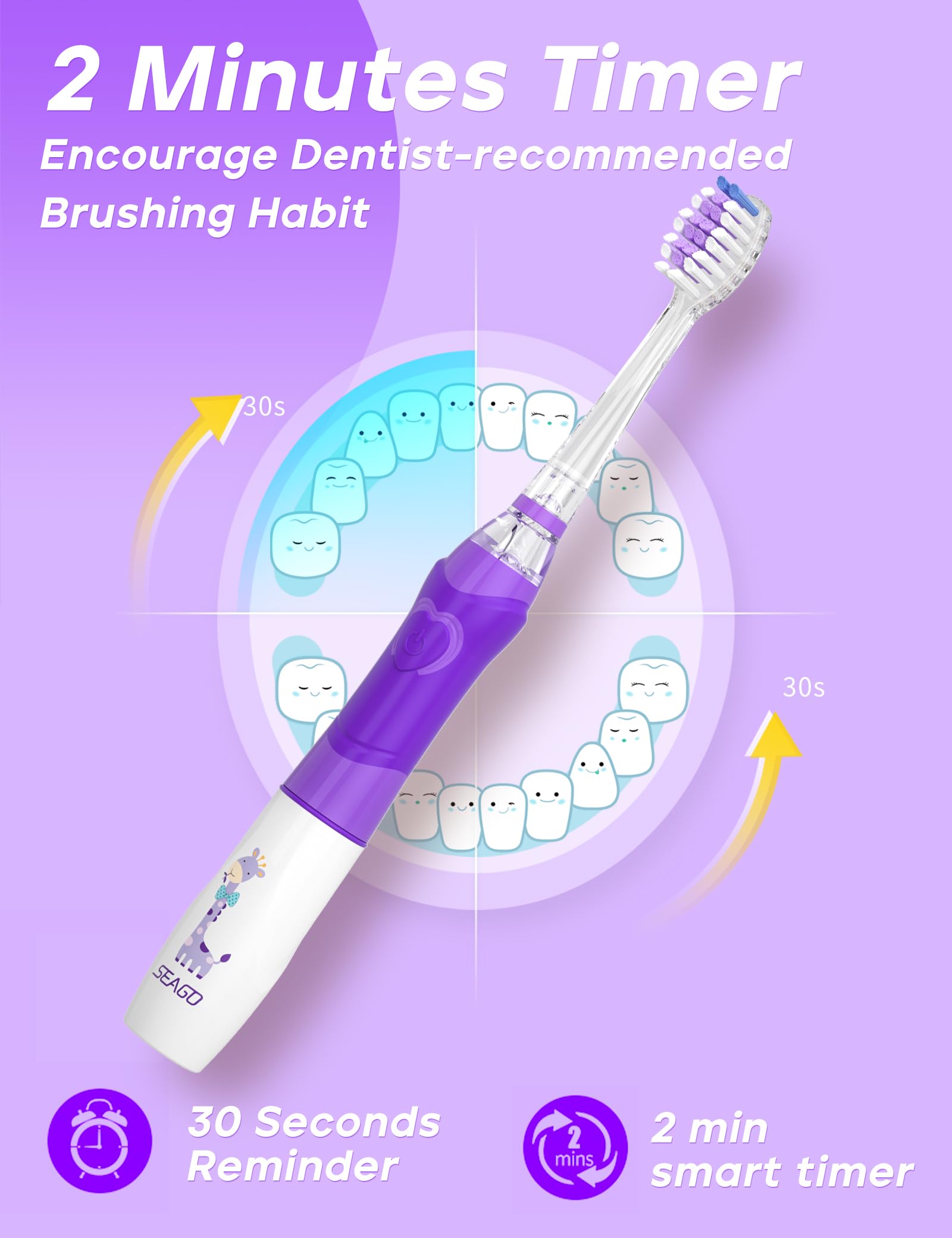 SEAGO SG-977 packaging with toothbrush handle and 4 replacement heads