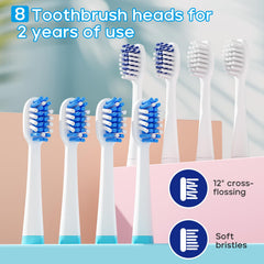 Eight brush heads included: four soft and four tilted bristles