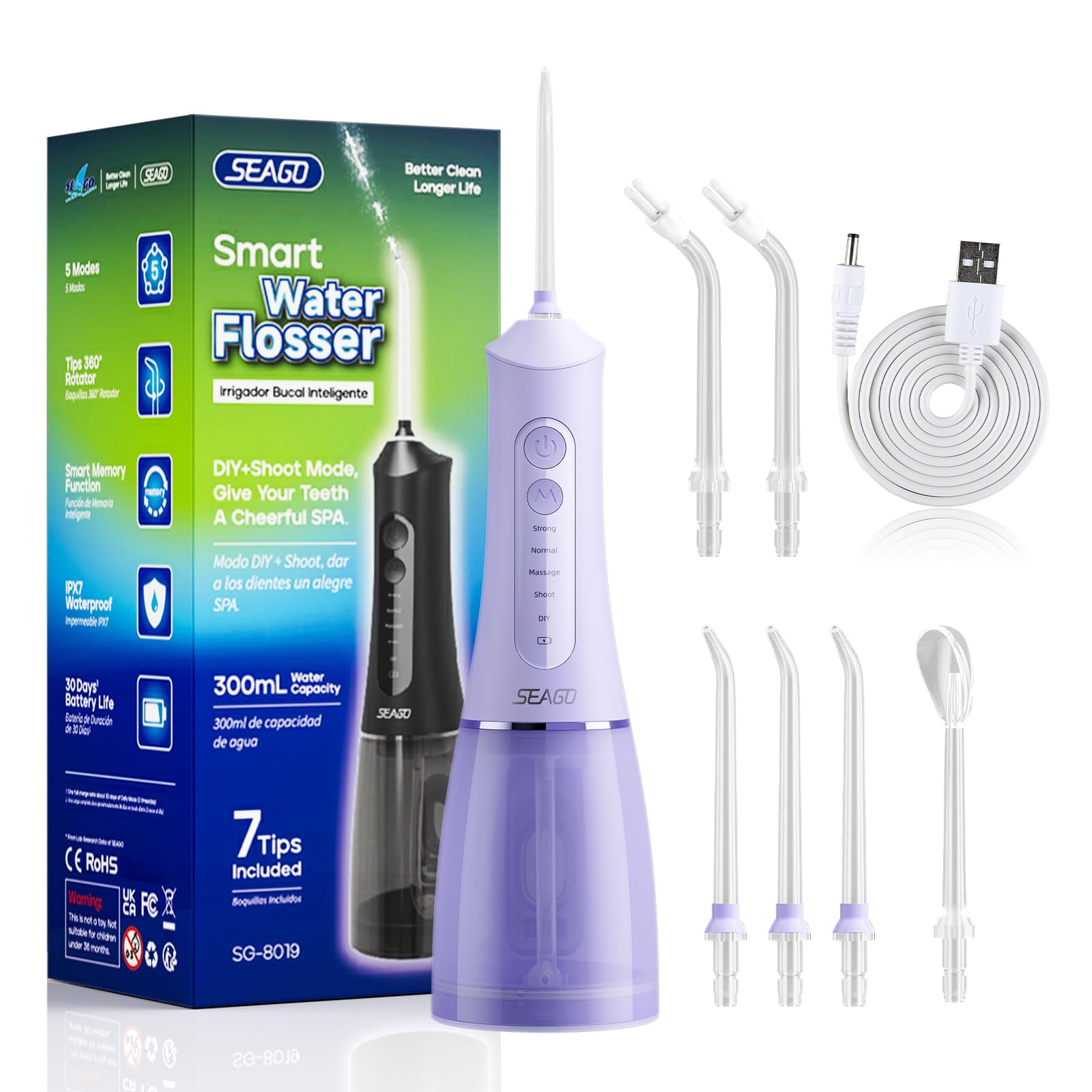 Front view of SEAGO SG8019 Purple cordless water flosser