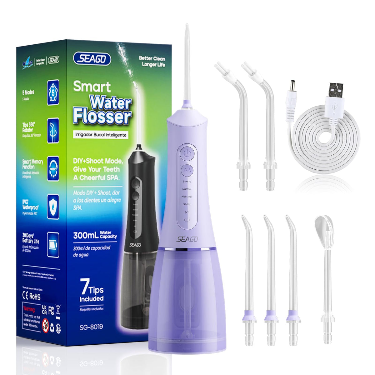Front view of SEAGO SG8019 Purple cordless water flosser