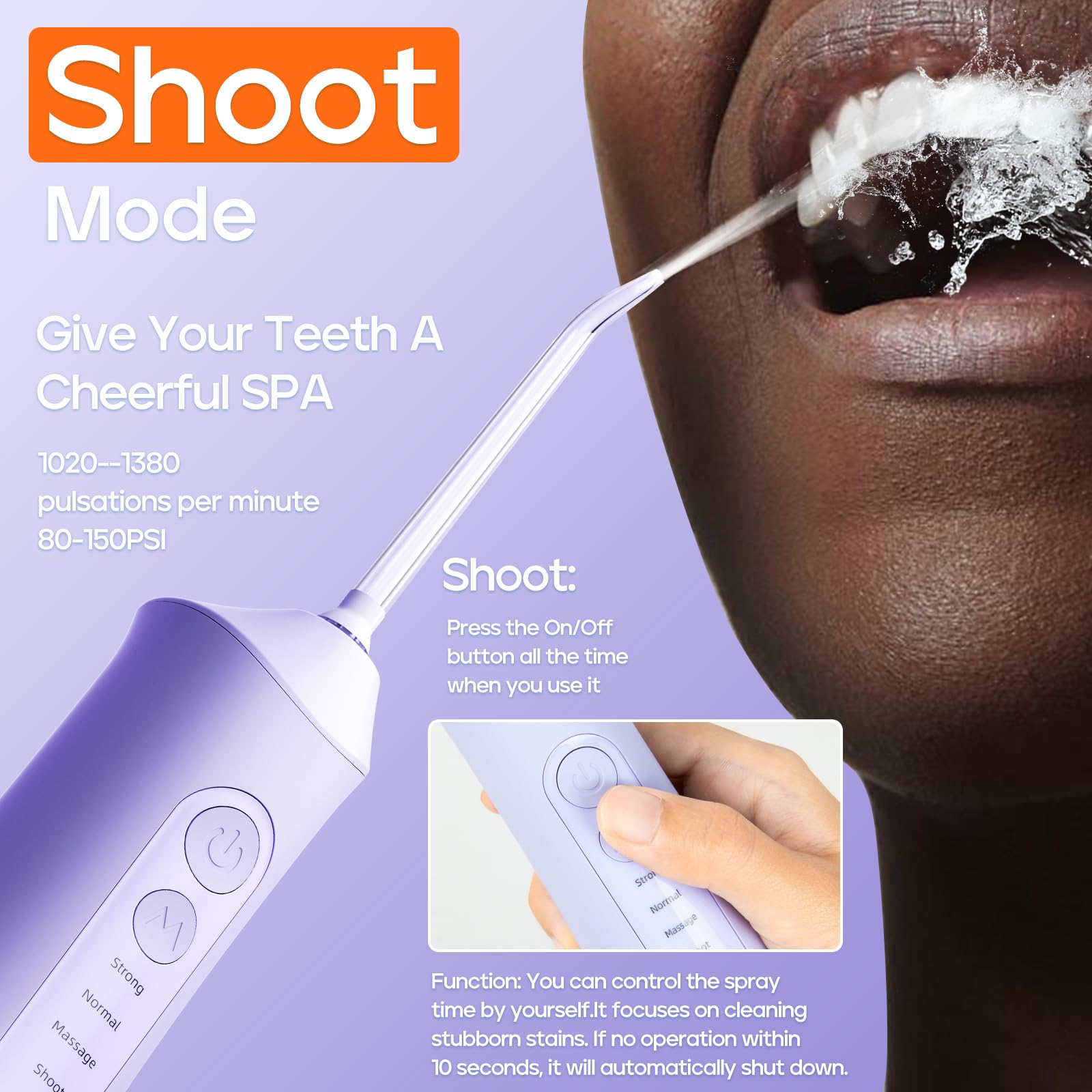 Side view of SEAGO SG8019 Purple cordless water flosser with 300ml tank