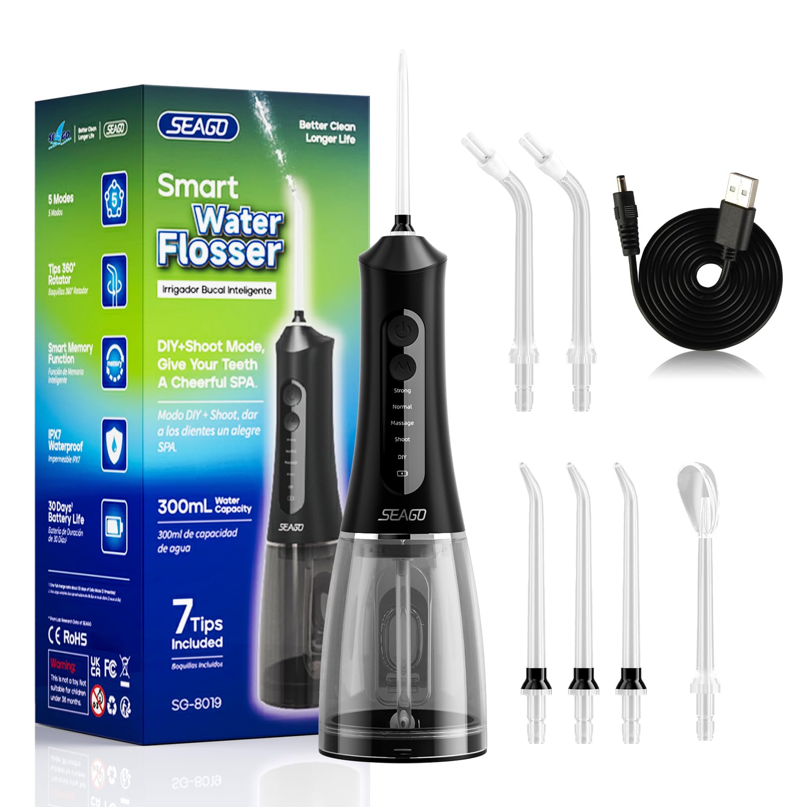 SEAGO SG8019 Black cordless water flosser front view