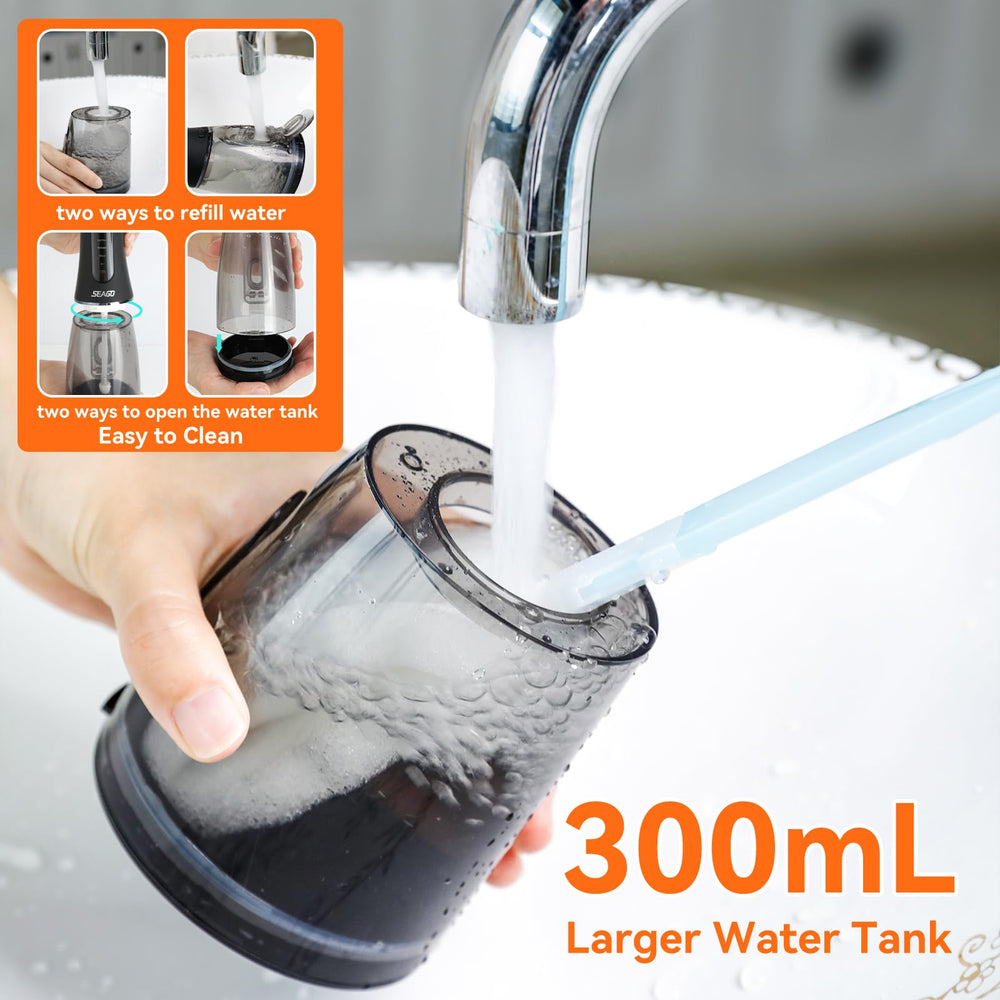 SEAGO SG8019 Black cordless water flosser in use in bathroom