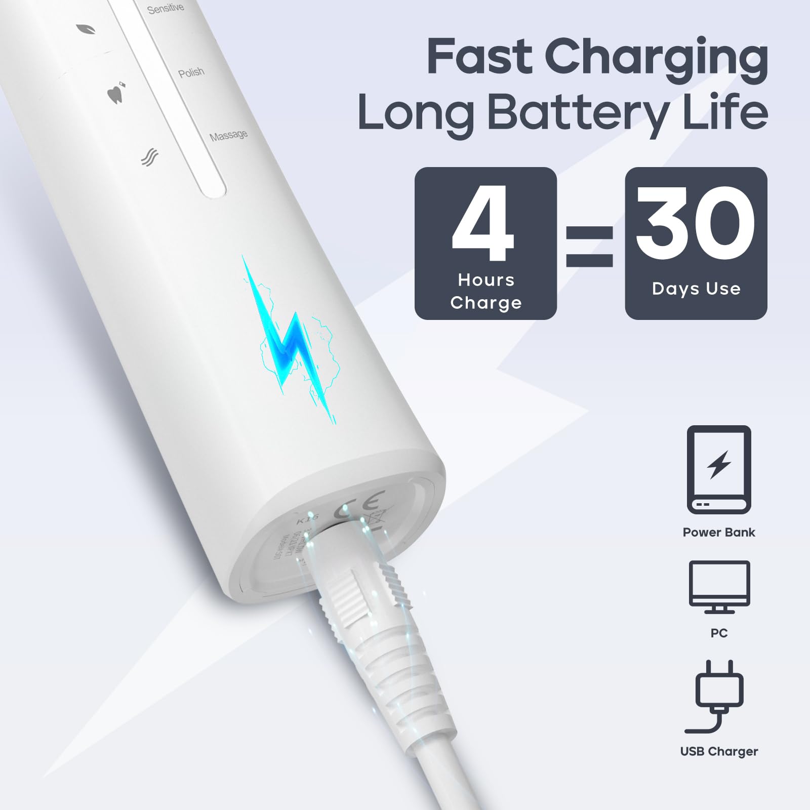 Toothbrush with five modes icons: White, Clean, Sensitive, Polish, Massage
