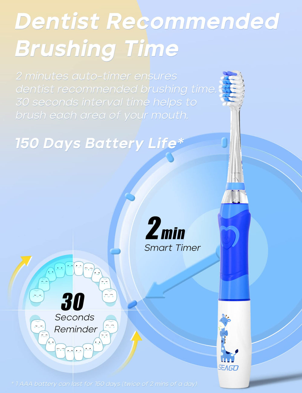 Four replacement brush heads for SEAGO SG-977 blue toothbrush