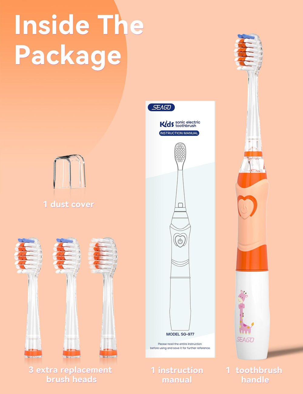 Package contents: toothbrush, replacement heads, protective cover, manual