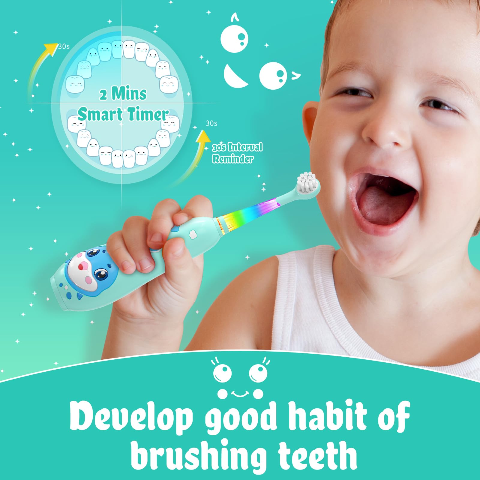 Rechargeable toddler toothbrush showing magnetic charging base