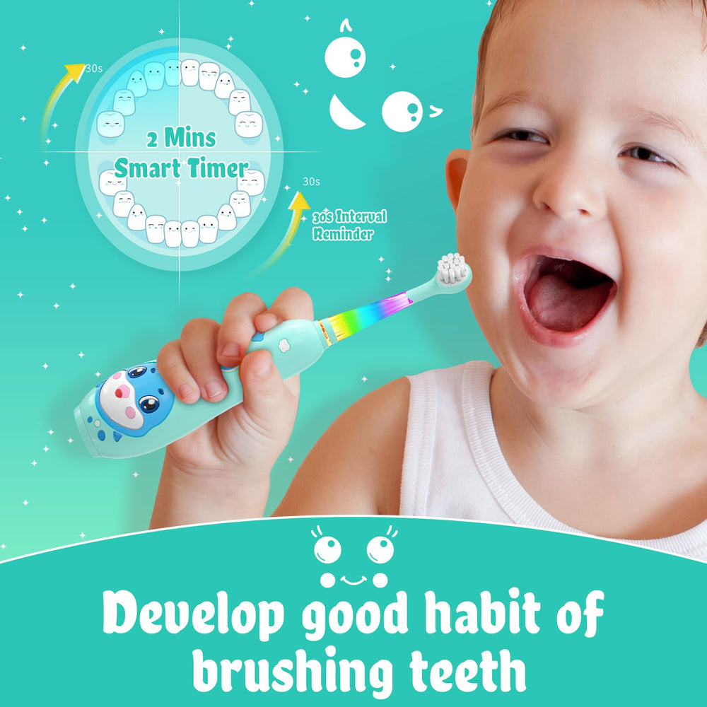 Rechargeable toddler toothbrush showing magnetic charging base