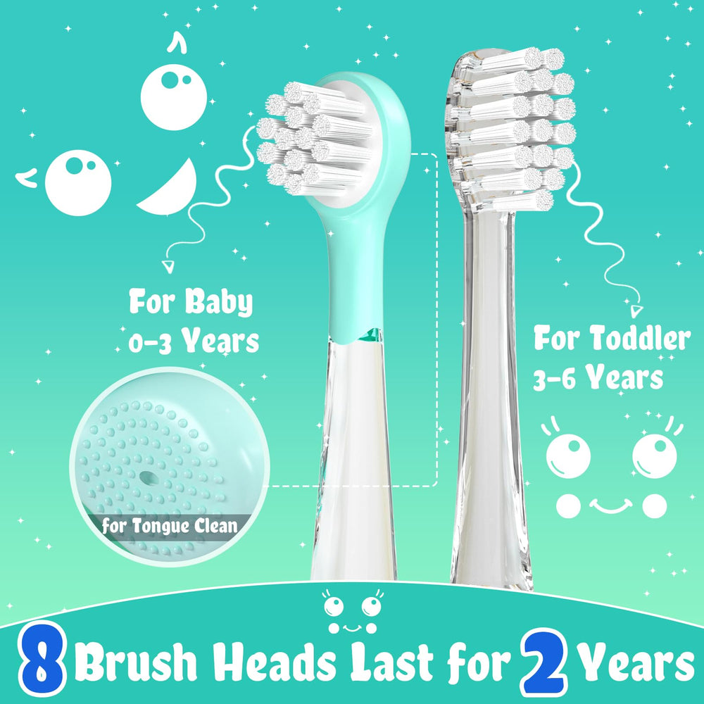 Small brush head for ages 0-3 and larger heads for 3-6