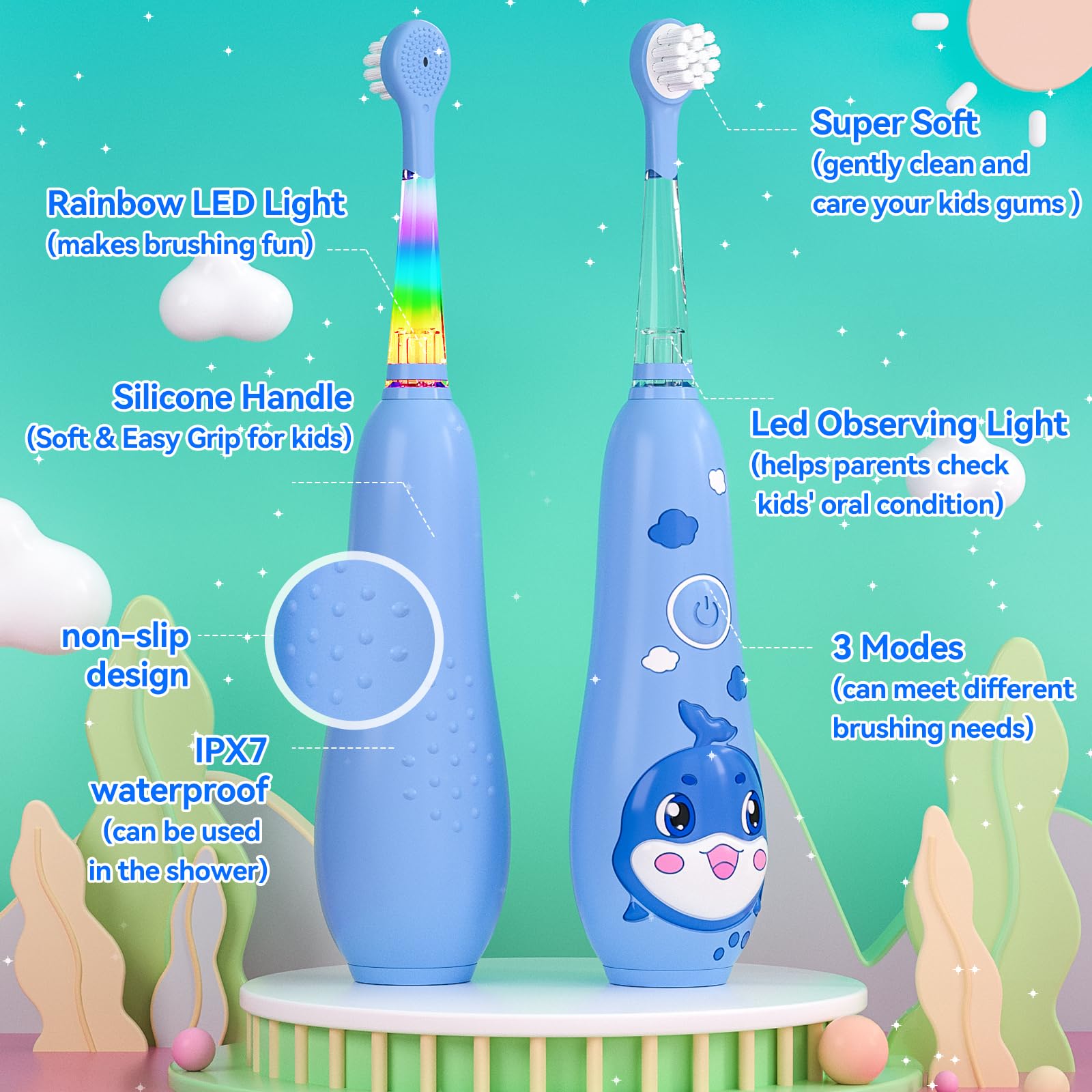 Soft bristles and tongue cleaner on SEAGO replacement heads
