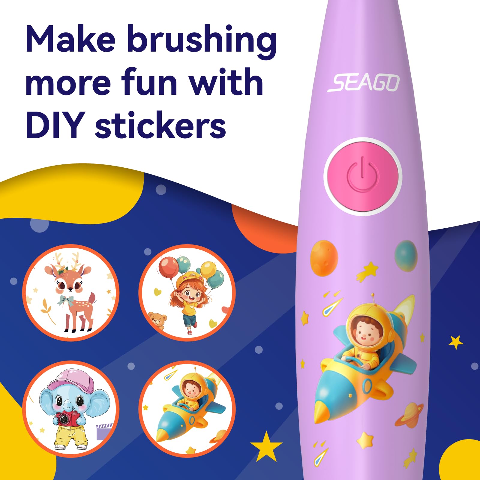 LED observing light feature on SEAGO pink kids toothbrush