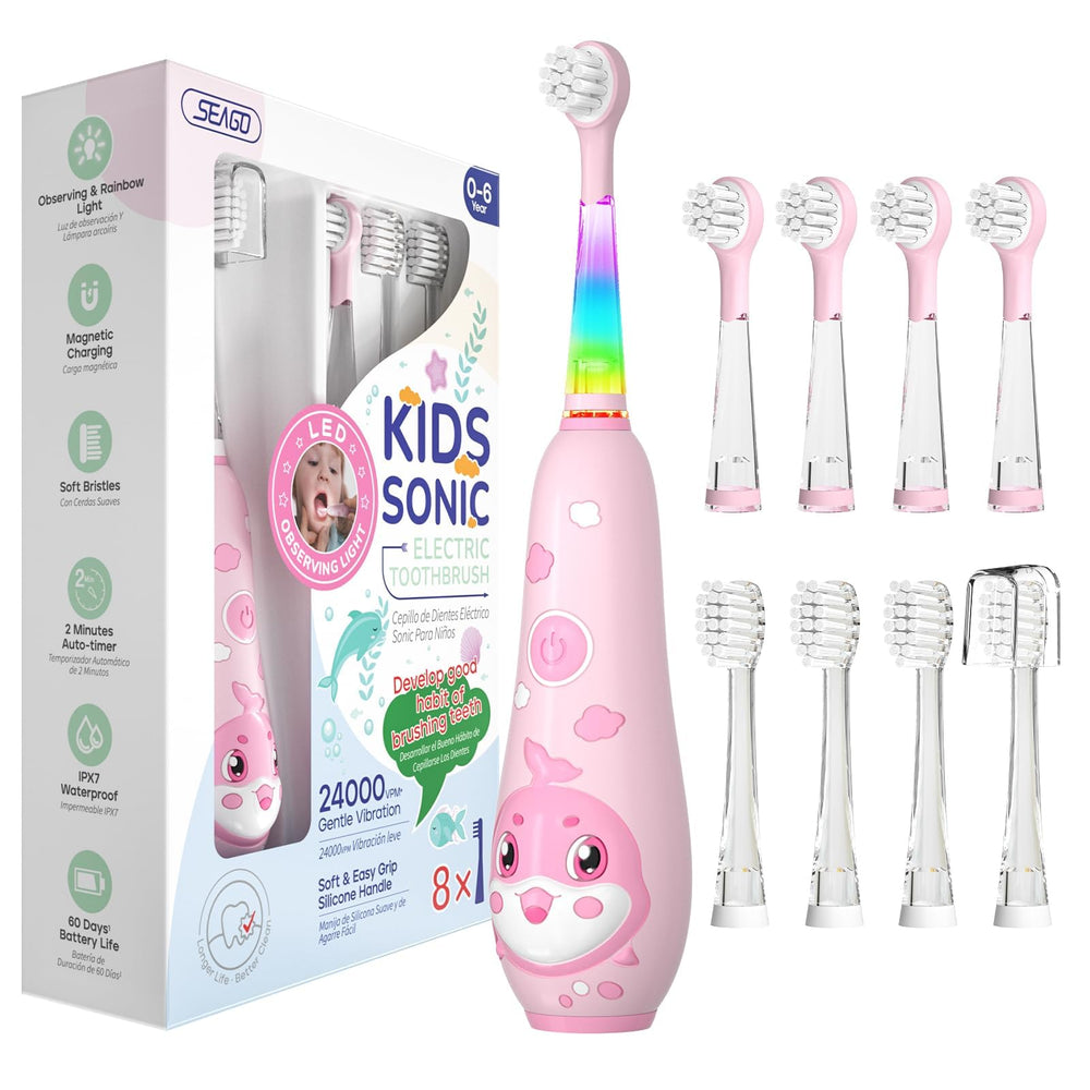 Front view of SEAGO pink kids electric toothbrush