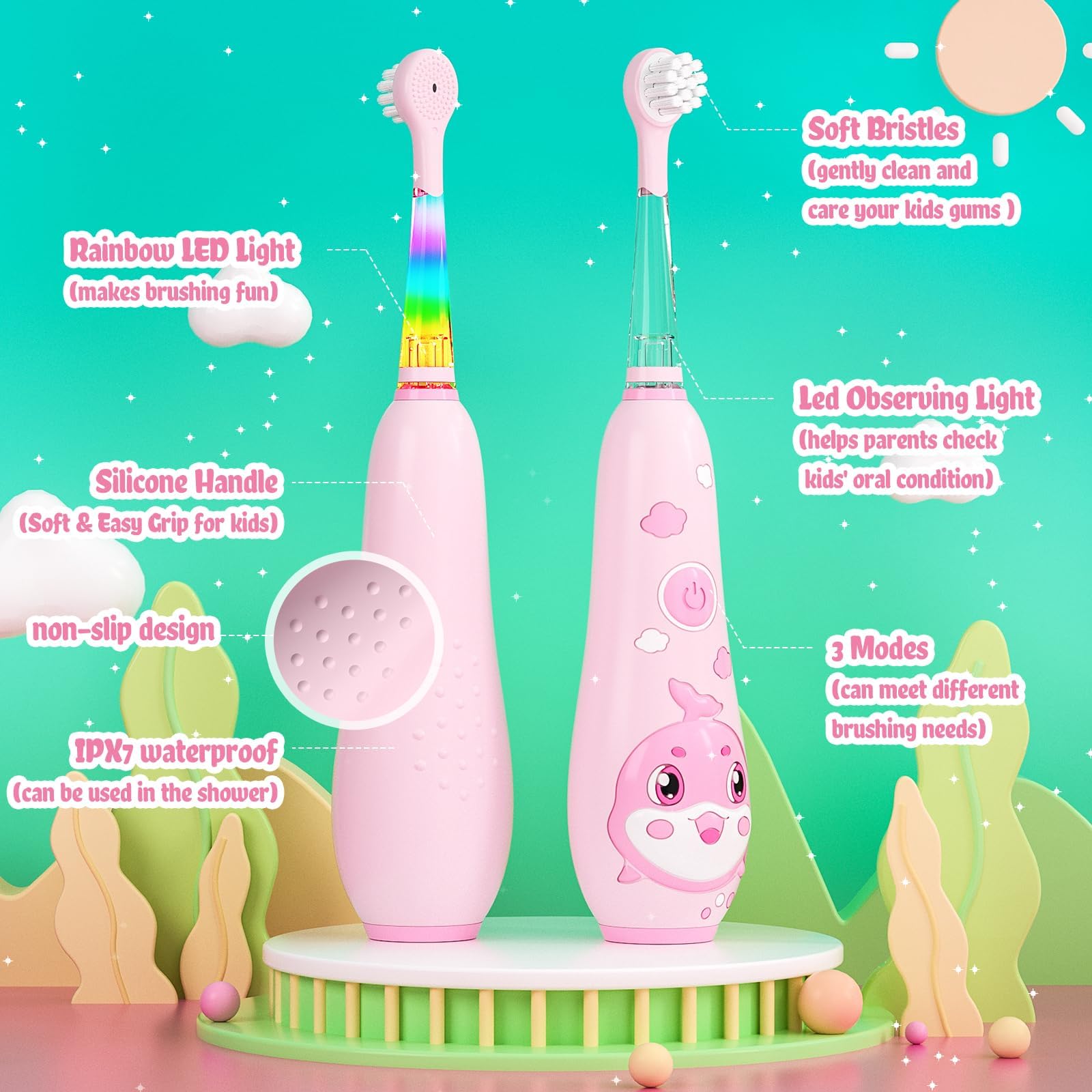 Pink SEAGO toddler toothbrush side grip close-up