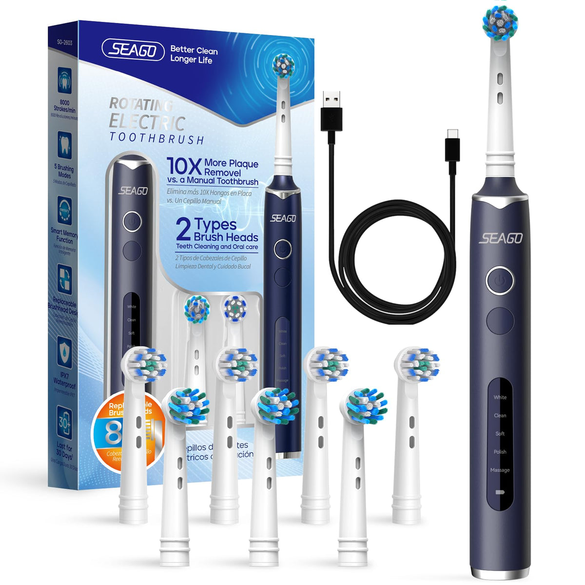 SEAGO SG-2603 blue rotating electric toothbrush main view