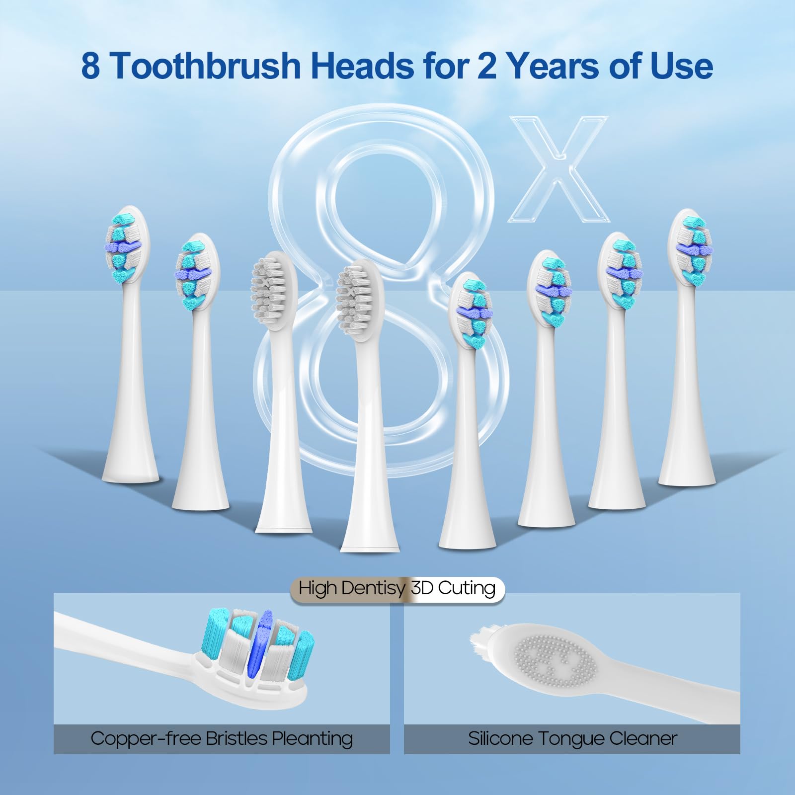 Two types of brush heads: silicone tongue cleaning heads and 3D bristle heads