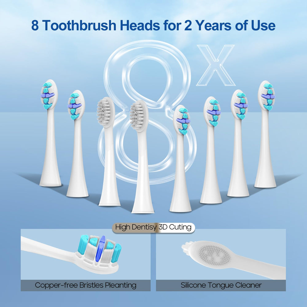 Two types of brush heads: silicone tongue cleaning heads and 3D bristle heads