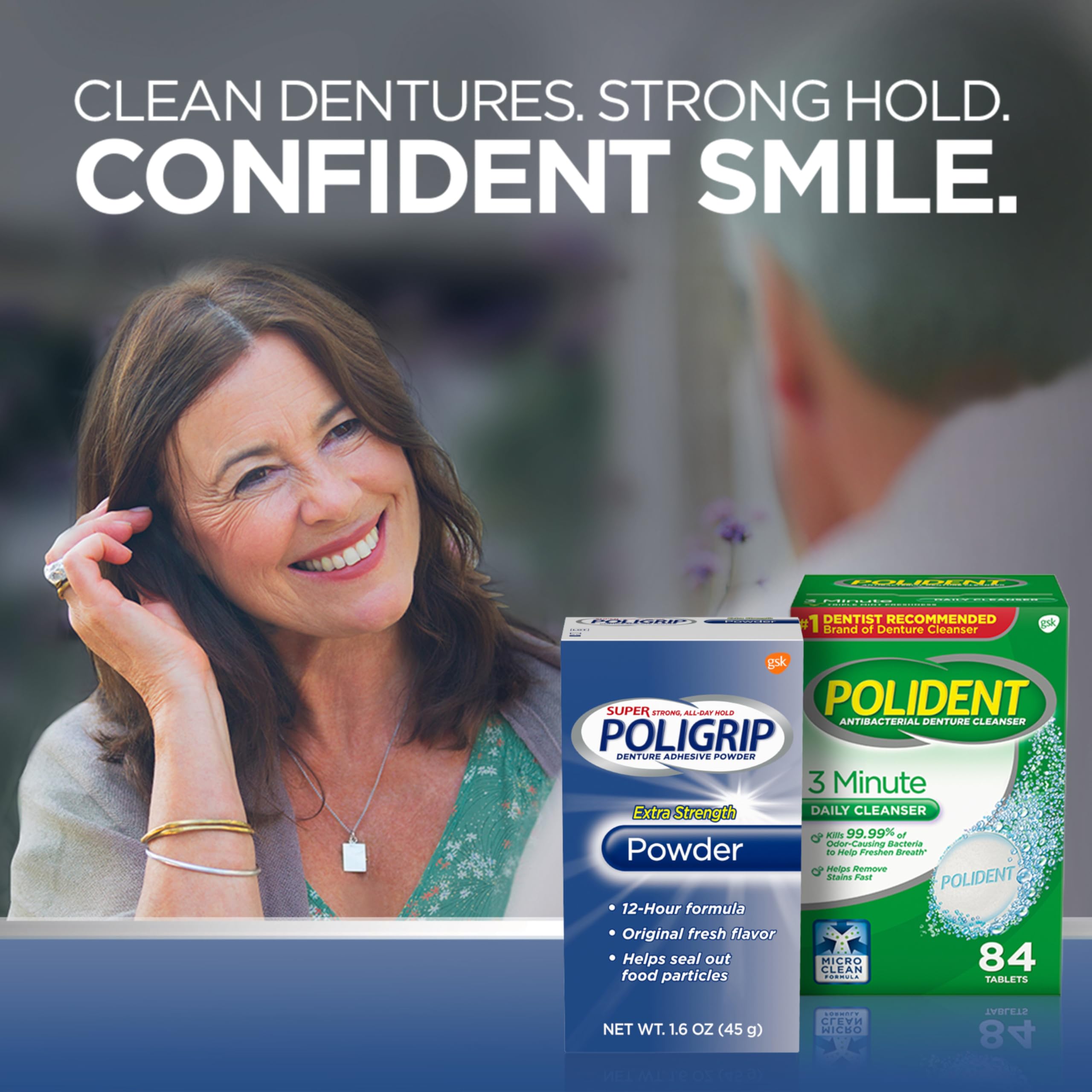 Denture adhesive powder providing a 12-hour hold seal